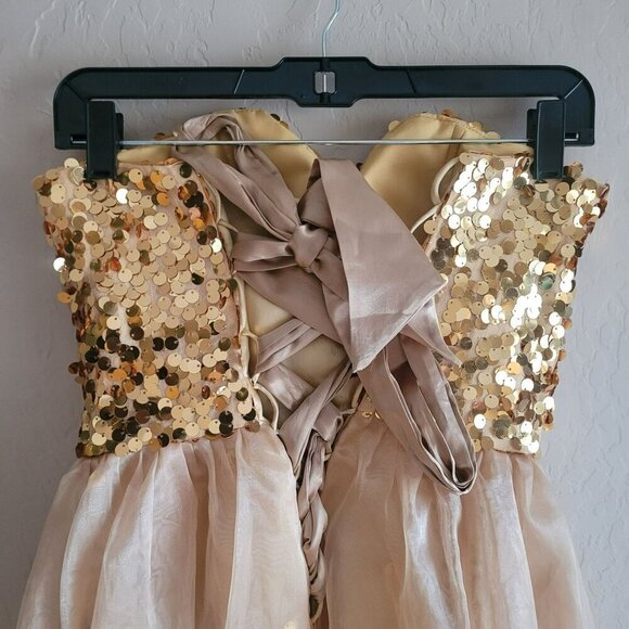 Gold Sequin Strapless Sweetheart Neckline Evening Gown With Sheer Flowing Skirt - Picture 4 of 5
